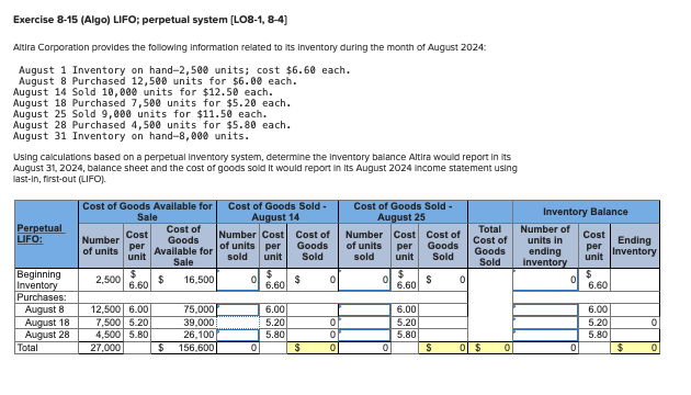 Complete the missing components. Will thumbs up. Exercise 8-15 (Algo) LIFO;