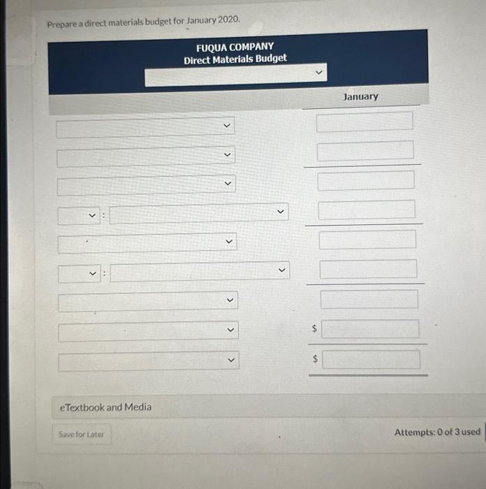 do part B Preparea direct materials budget for January 2020. FUQUA COMPANY