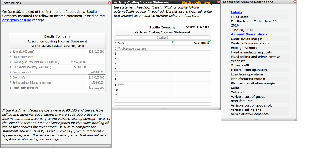 Can you finish the Variable Costing Statement. Labels and Amount Descriptions Variable
