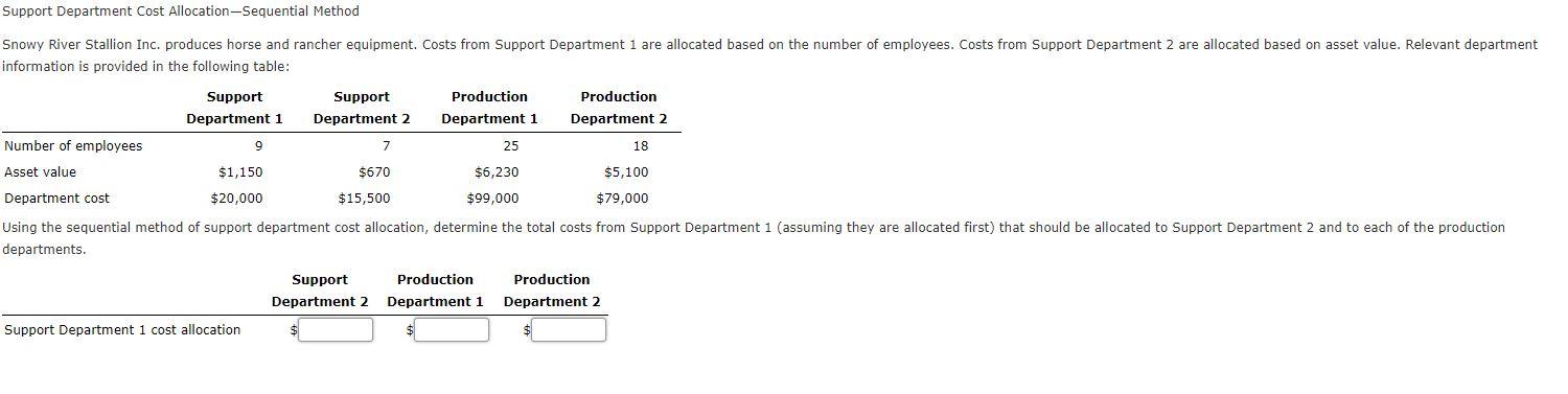  Support Department Cost Allocation-Sequential Method Snowy River Stallion Inc. produces horse