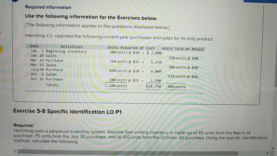 Required information Use the following information for the Exercises below. [The