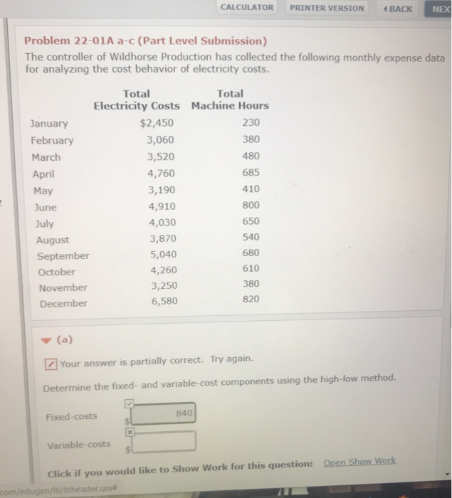  CALCULATOR PRINTER VERSION (BACK NEX Problem 22-01A a-c (Part Level Submission)