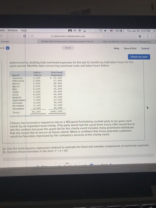 Chavez owns a catering company that ser. High-Low Method I Formula |