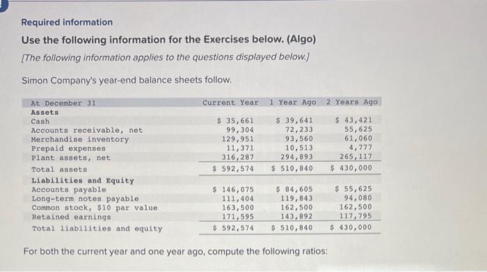  Required information Use the following information for the Exercises below. (Algo)