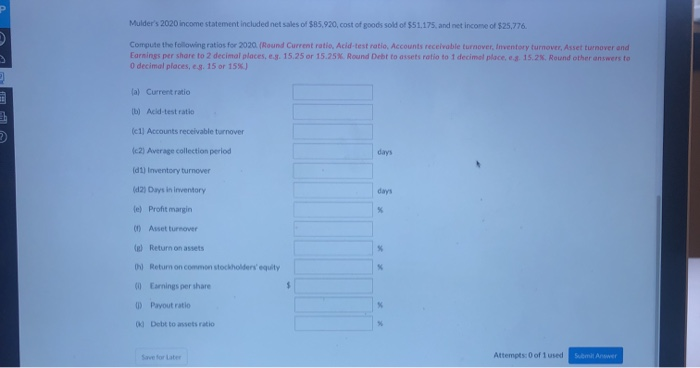 comparative balance sheets are presented below. MULDER CORPORATION Balance Sheets December 31