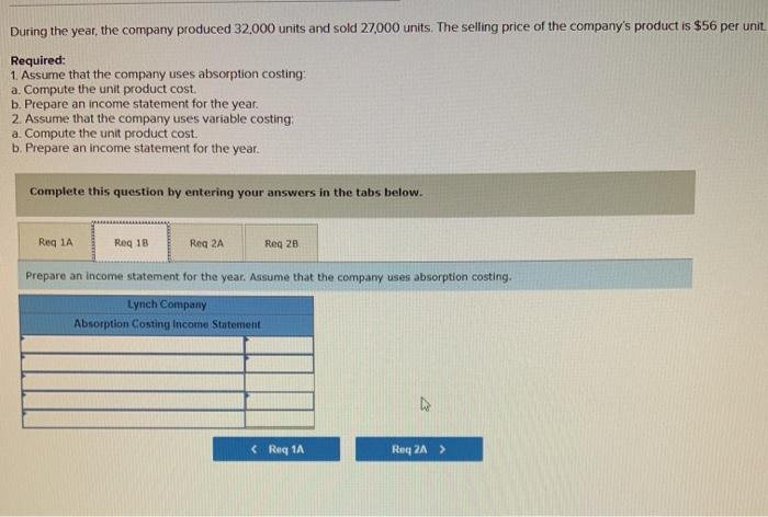 Statements [LO7-1, LO7-2] Lynch Company manufactures and sells a single product. The