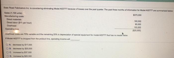  State Road Fabricators Inc. is considering eliminating Model A02777 because of