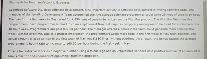  Standards for Nonmanufacturing Expenses CodeHead Software Inc. does software development. One