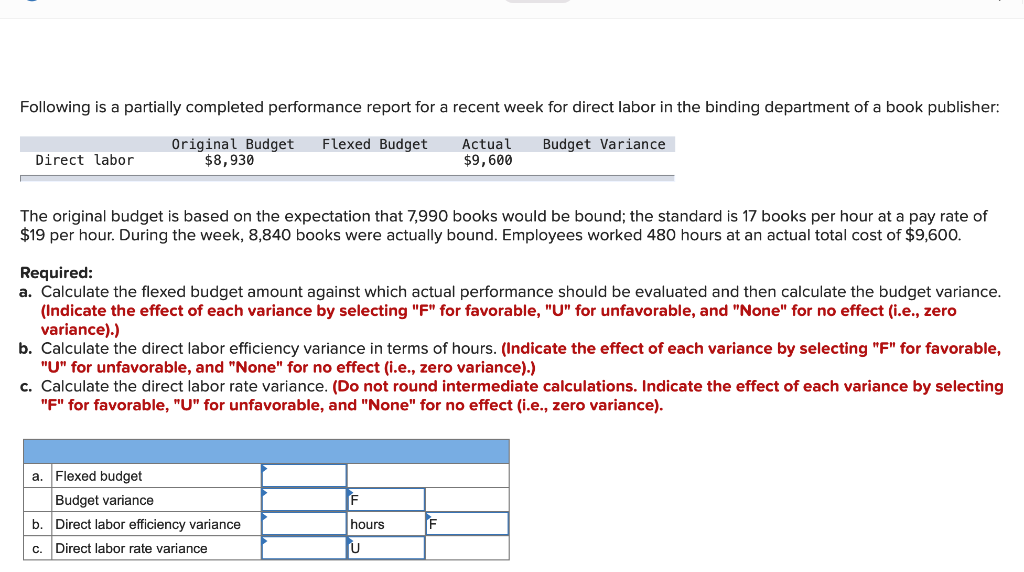 Following is a partially completed performance report for a recent week