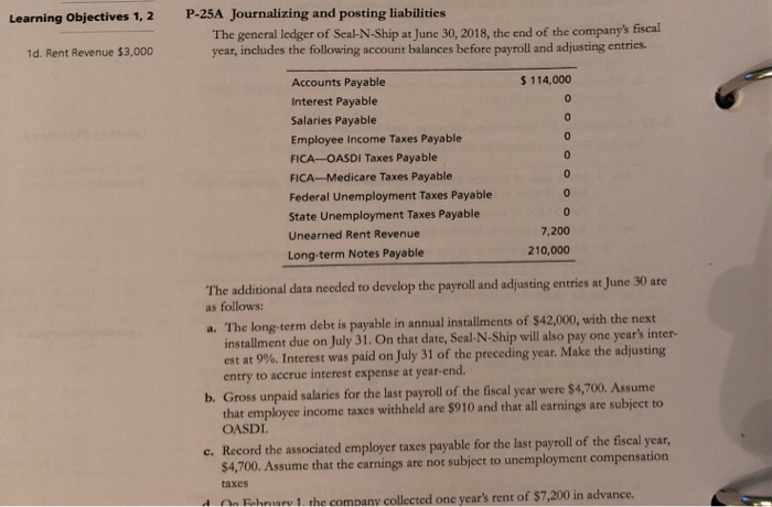  Learning Objectives 1, 2 P-25A Journalizing and posting liabilities The general