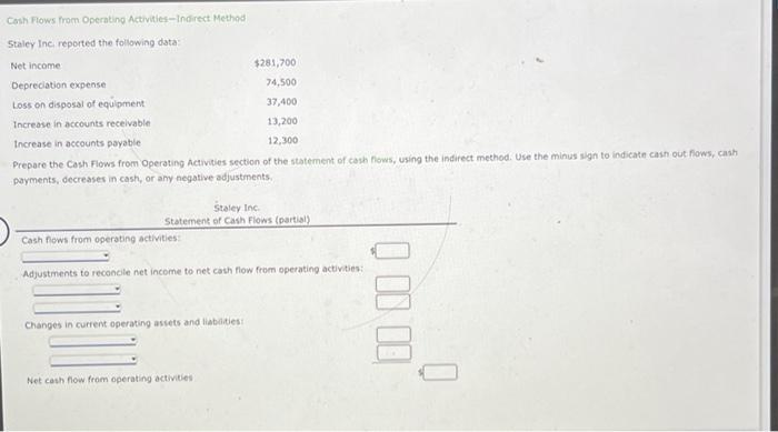  Cosh Flows from Operating Activities-indirect Method Staley Inci reported the following