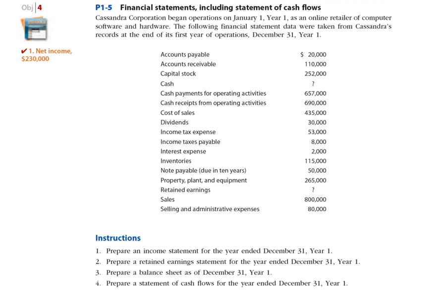 More help with another problem. Microsoft Excel Obj 4 P1-5 Financial statements,
