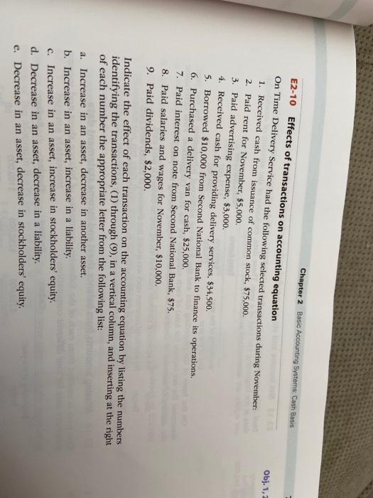  Chapter 2 Basic Accounting Systems: Cash Basis Obj. 1,7 E2-10 Effects