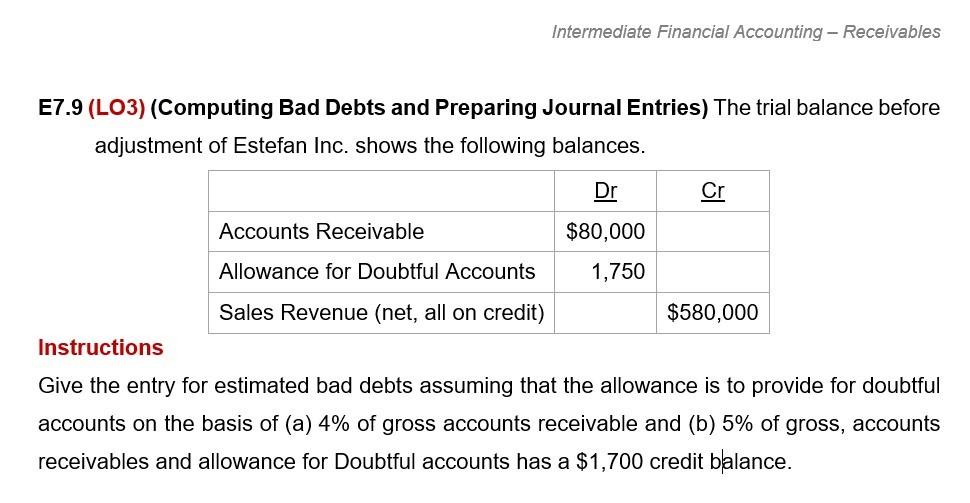  Intermediate Financial Accounting - Receivables E7.9 (L03) (Computing Bad Debts and