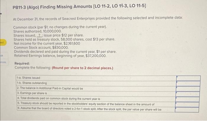  PB11-3 (Algo) Finding Missing Amounts [LO 11-2, LO 11-3, LO 11-5]