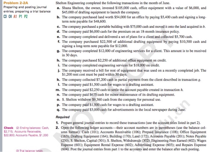  Problem 2-2A Preparing and posting journal entries; preparing a trial balance
