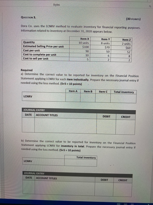  Styles QUESTION 3. (30 POINTS) Dora Co. uses the LCNRV method