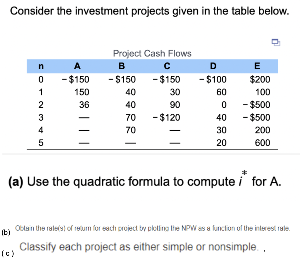  Consider the investment projects given in the table below. (a) Use