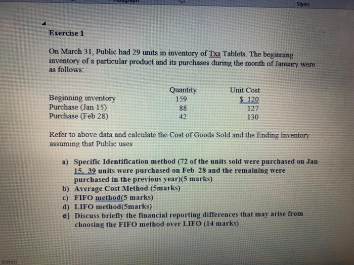 quick answer Styles Exercise 1 On March 31, Public had 29 units
