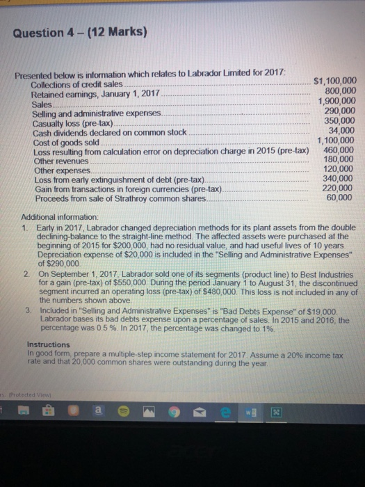  Question 4 - (12 Marks) Presented below is information which relates