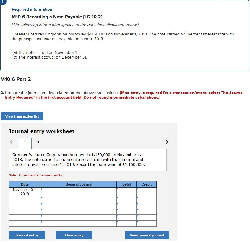  Required information M10-6 Recording a Note Payable [LO 10-2] [The following