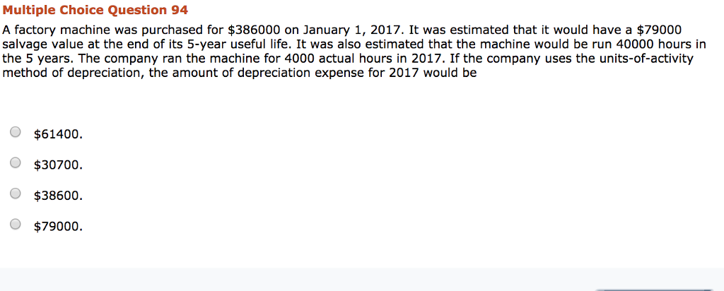  Multiple Choice Question 94 A factory machine was purchased for $386000