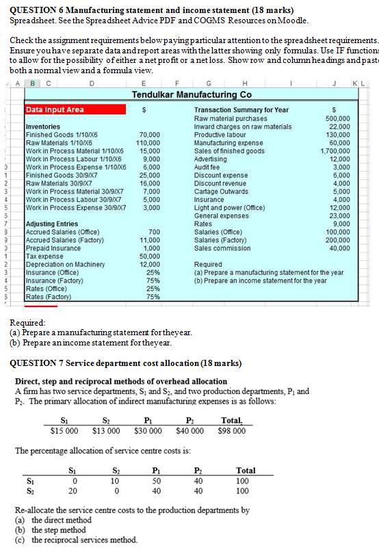  QUESTION 6 Manufacturing statement and income statement (18 marks) Spreadsheet. See