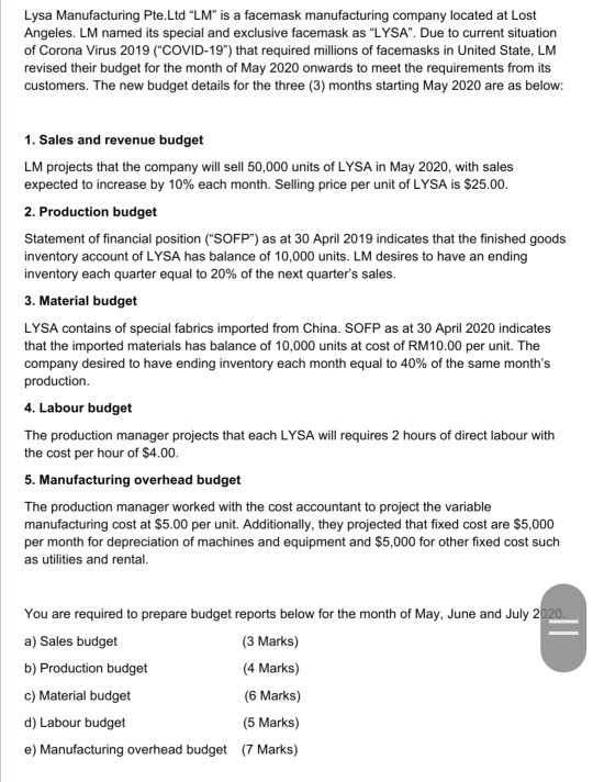  i need the answer for e Lysa Manufacturing Pte. Ltd "LM"