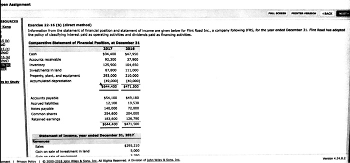  Exercise 22-16 (b) (direct method) Information from the statement of financial