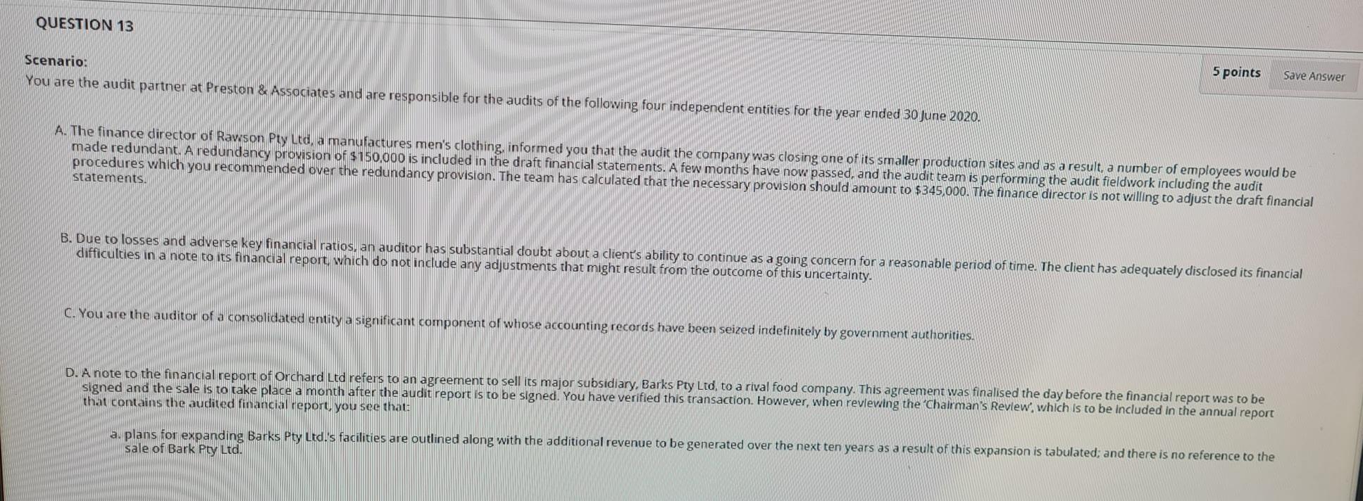 preparing an audit plan in the following two independent situations: a. Your