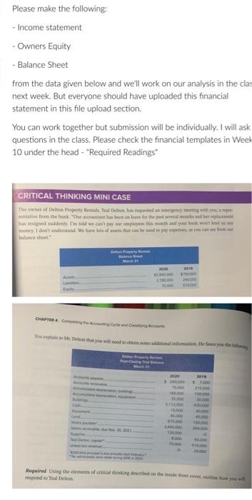  Please make the following: - Income statement - Owners Equity -