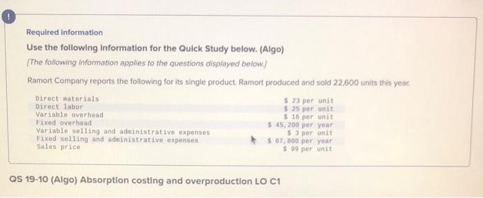  Required information Use the following information for the Quick Study below.