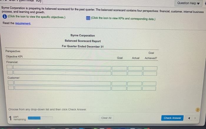  Question Help Byme Corporation is preparing its balanced Scorecard for the