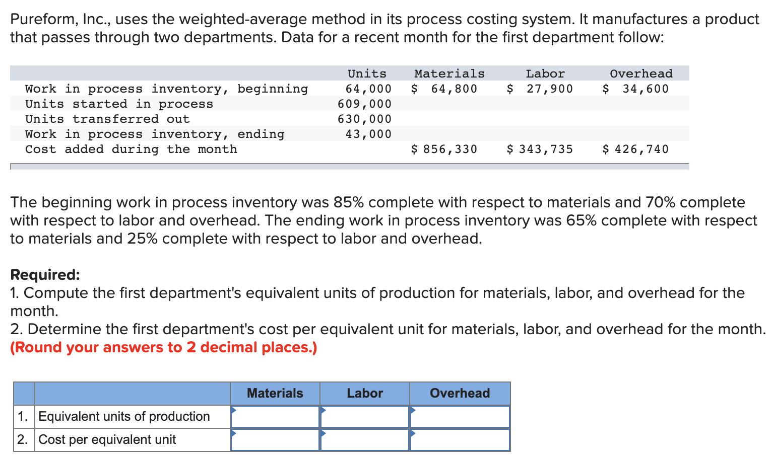  Pureform, Inc., uses the weighted-average method in its process costing system.
