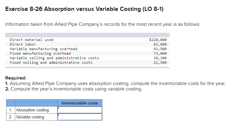  Exercise 8-26 Absorption versus Variable Costing (LO 8-1) Information taken from
