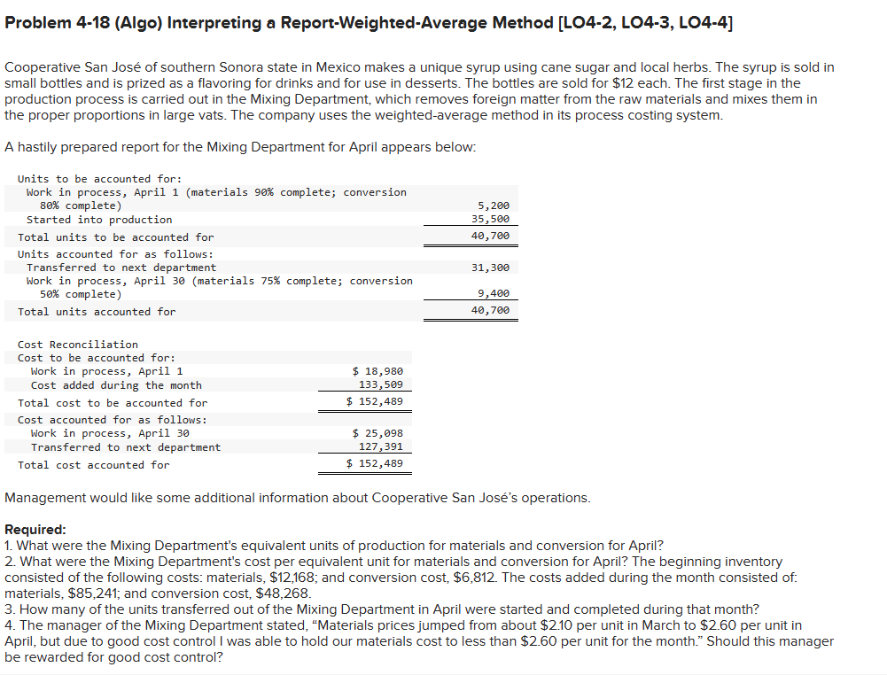  Problem 4-18 (Algo) Interpreting a Report-Weighted-Average Method [LO4-2, LO4-3, LO4-4] Cooperative