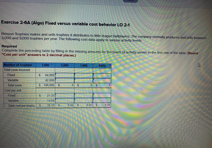  Exercise 2-6A (Algo) Fixed versus variable cost behavior LO 2-1 Benson