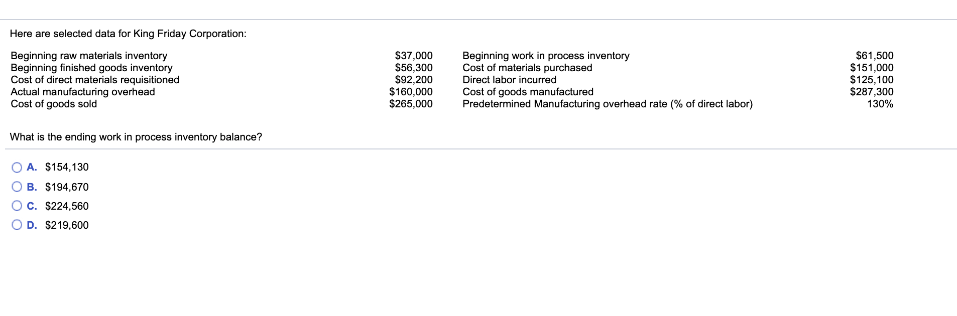  Here are selected data for King Friday Corporation: Beginning raw materials