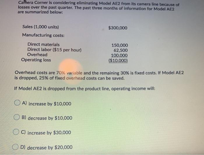  Camera Corner is considering eliminating Model AE2 from its camera line