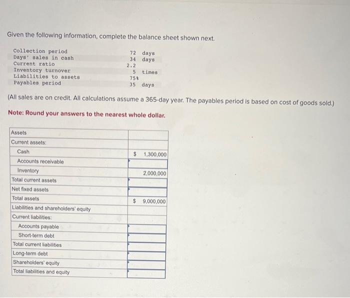 5. Given the following information, complete the balance sheet shown next. (All