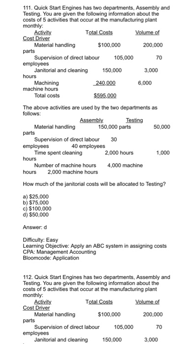 occur at the manufacturing plant Activity Material handling Supervision of direct labour