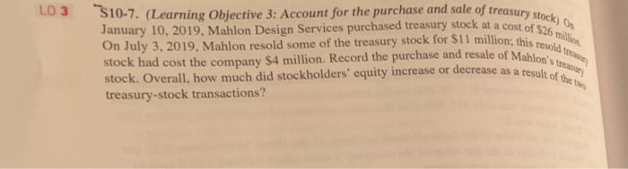  LO 3 treasury stock) S10-7. (Learning Objective 3: Account for the
