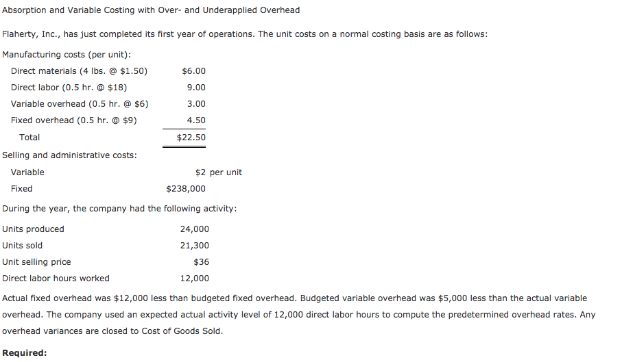 Absorption and Variable Costing with Over- and Underapplied Overhead Flaherty, Inc.,