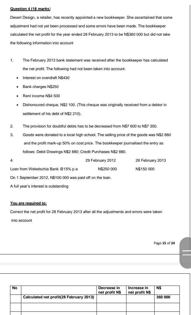  Due today, please help Question 4 (18 marks) Desert Design, a