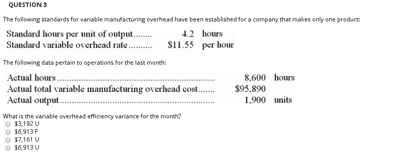  QUESTION 3 The following standards for variable manufacturing overhead have been