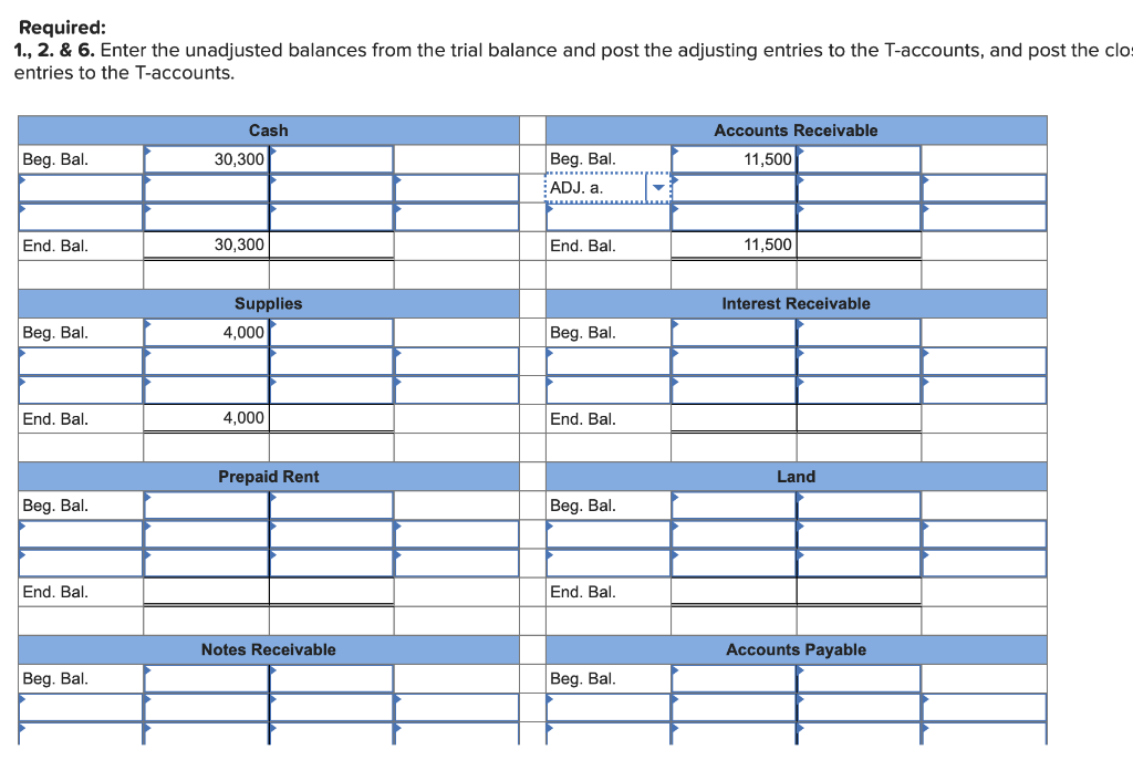  Required: 1., 2. \& 6. Enter the unadjusted balances from the