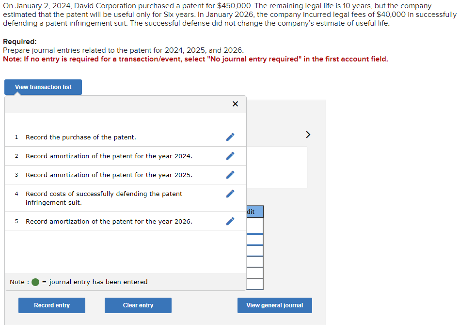  On January 2,2024, David Corporation purchased a patent for $450,000. The