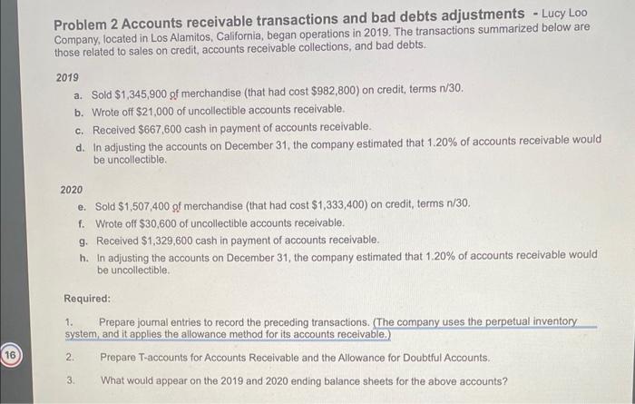 transactions and bad debts adjustments - Lucy Loo Company, located in Los