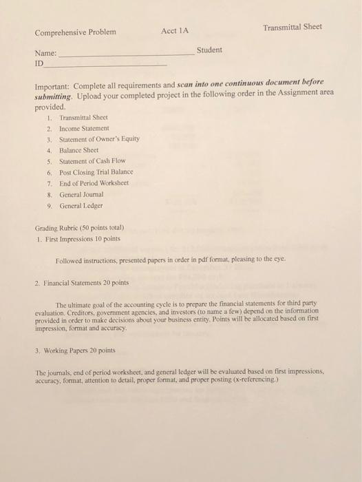  Comprehensive Problem Acct 1A Transmittal Sheet Student Name: ID Important: Complete