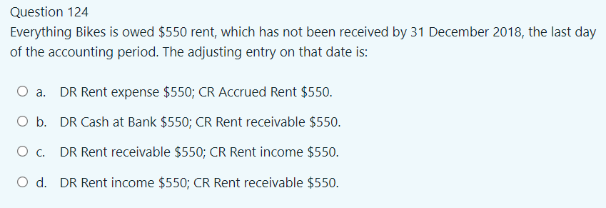 just need answer Question 124 Everything Bikes is owed $550 rent, which